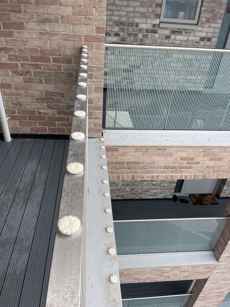 Bird deterrent fitted along a ledge beside a glass balcony