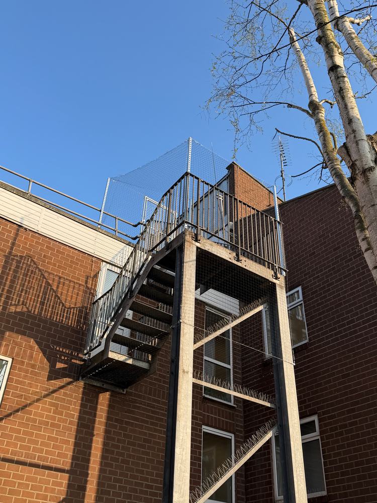 External stair tower with bird netting enclosing the top landing